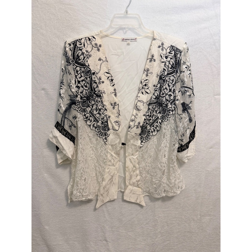 Spencer Alexis Womens 2X White Black Lace Floral Bird Open Front Cardigan HEC55W
